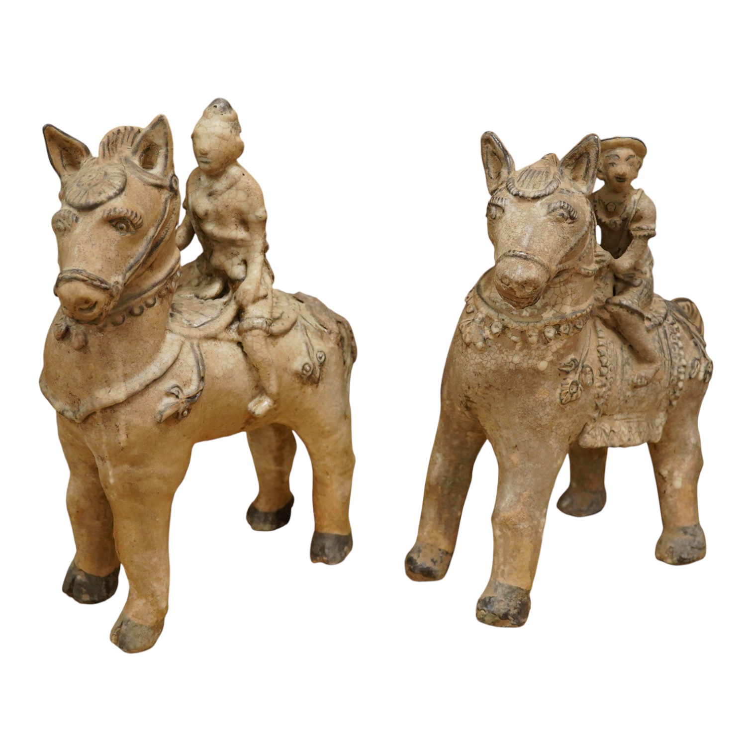 Two large Thai crackle glaze figures on horseback, 39cm high